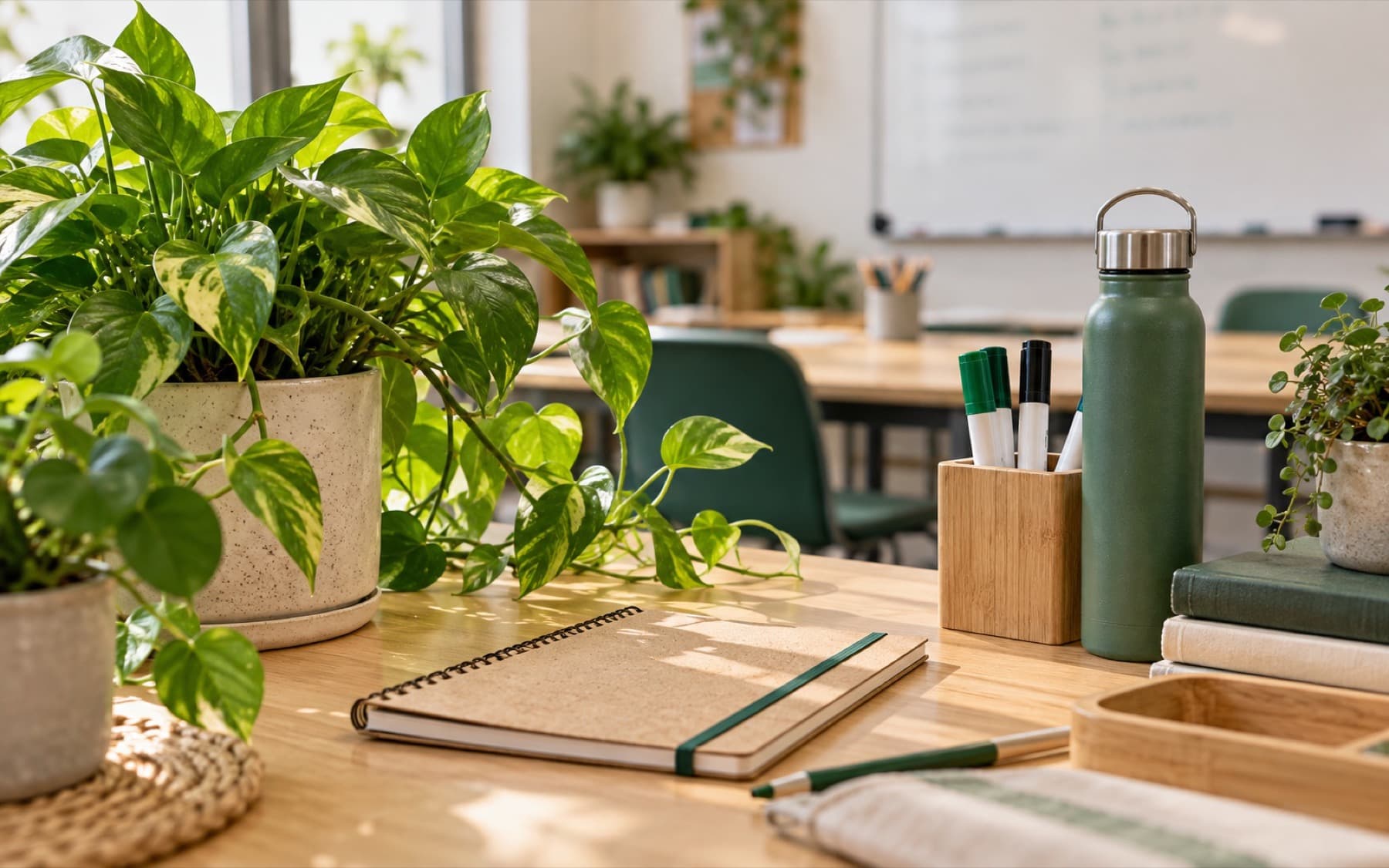 Una aula sostenible, lluminosa i plena de plantes